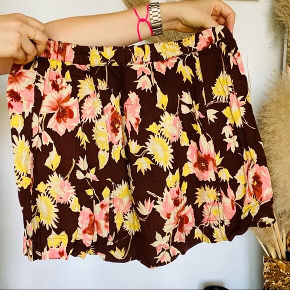 VINTAGE Y2K Brown Pink Floral Mini Skirt High Or Low Rise Elastic Loose Flowy L - Picture 4 of 9